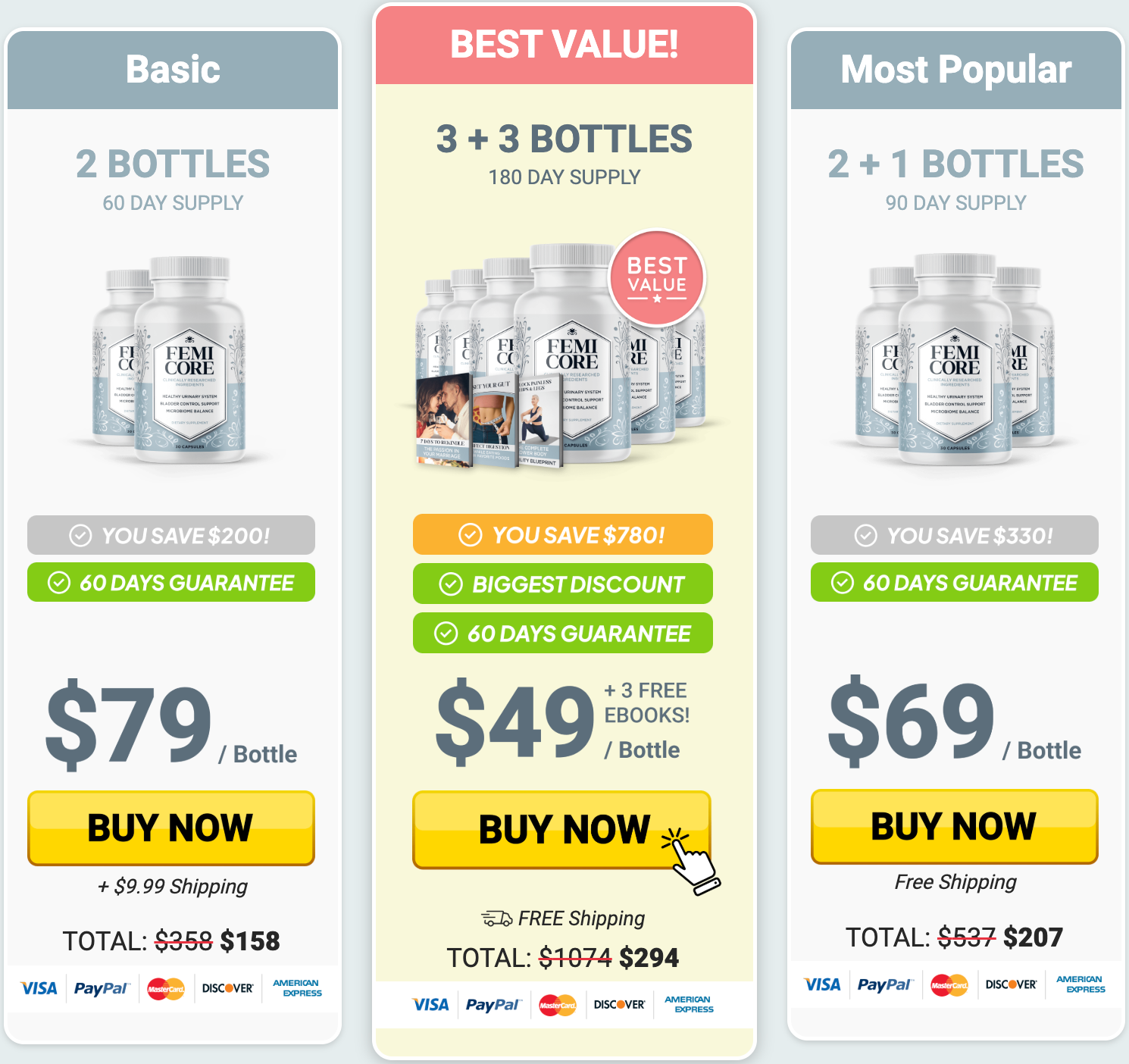 FemiCore pricing — 2 bottle, 6 bottle and 3 bottle bundles